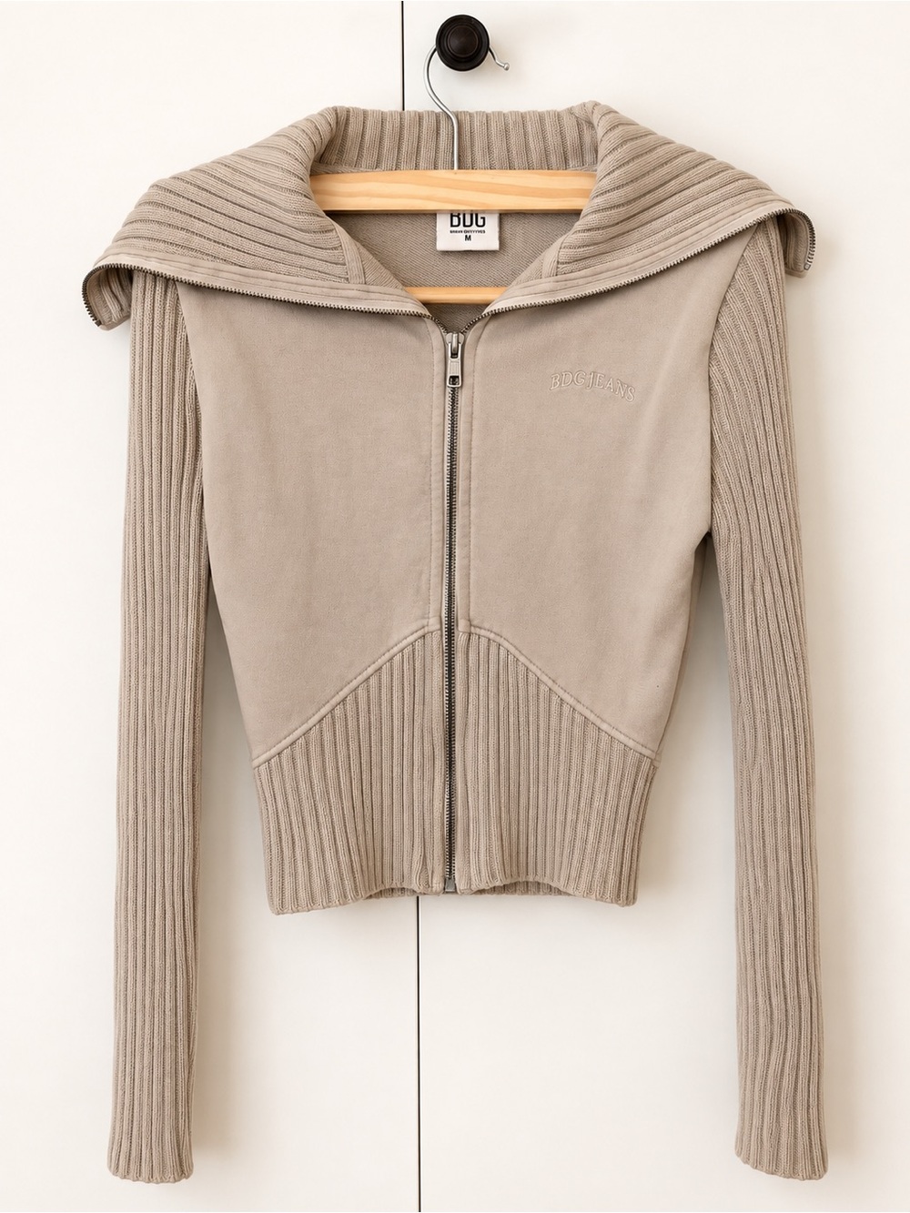 BDG Ribbed Zip-Up Cardigan Jacket in Taupe